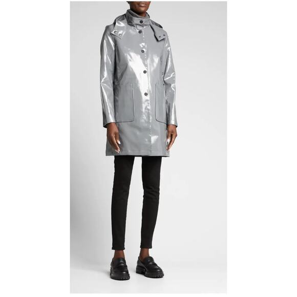Jane Post Detachable-Hood Funnel-Collar Slicker Rain Coat Gray Medium - Picture 2 of 6